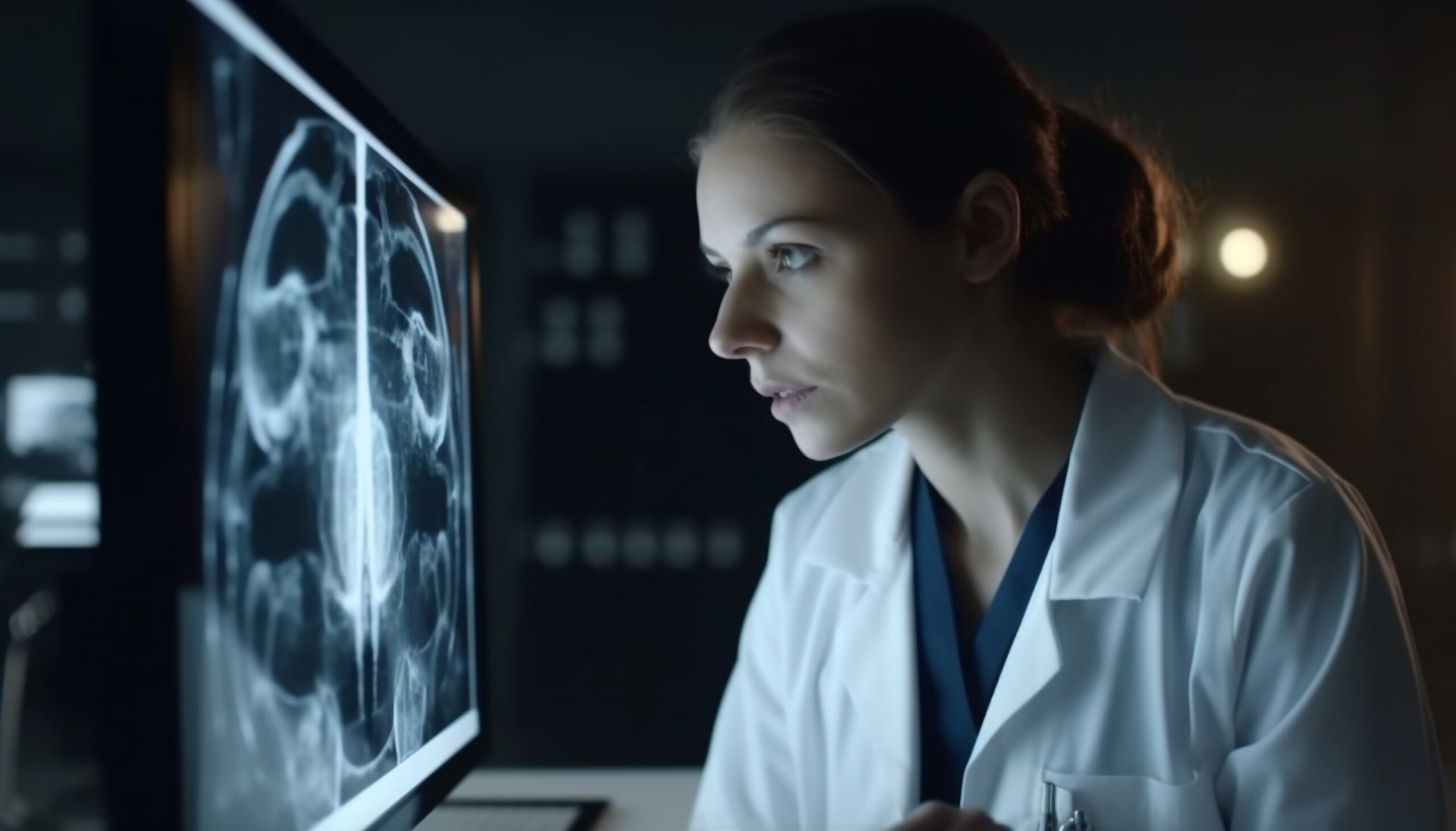 Radiologist analyzing x ray, healthcare expertise illuminated generated by AI